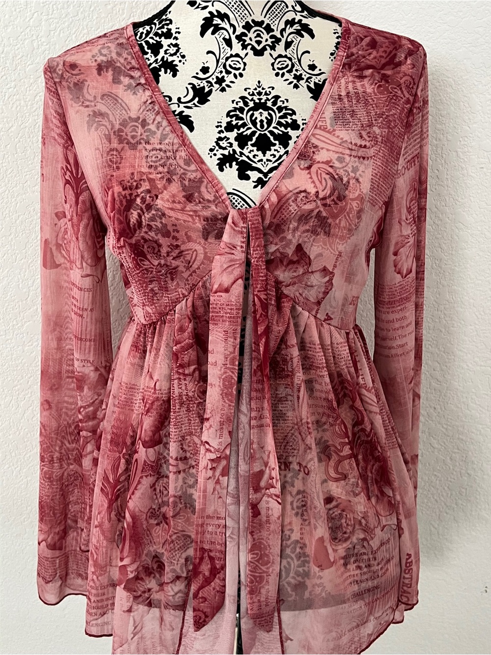 SHEIN Size L Pink Rose Newspaper Print Sheer Mesh Tie Front Top - Picture 2 of 8